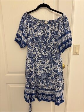 LOFT Blue and White Off-the-Shoulder Paisley Midi Dress